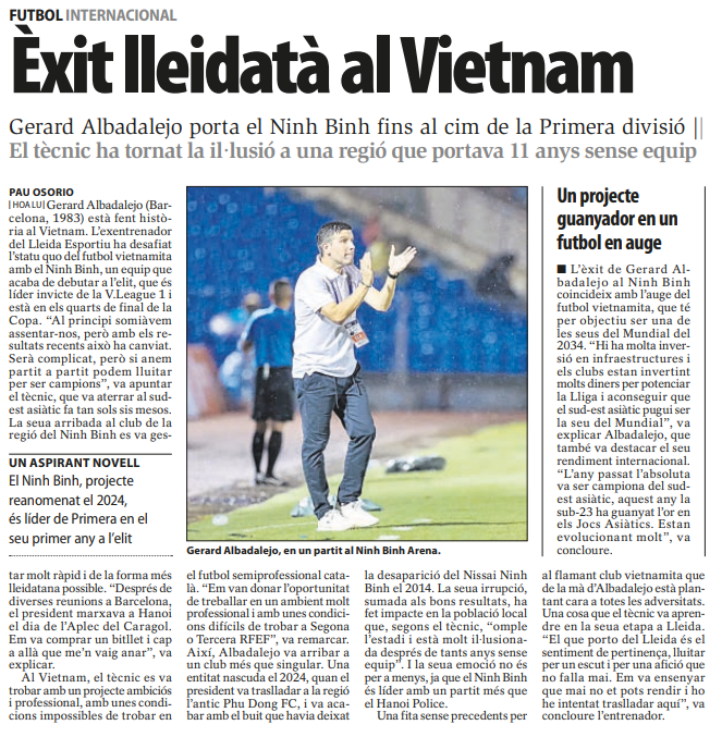 pauosorio40's tweet photo. 🇻🇳 L'exentrenador del Lleida Esportiu Gerard Albadalejo arrasa a la V.League 1 amb el Ninh Binh FC, un equip acabat d'ascendir a l'elit, que és líder invicte i desafia l'statu quo del futbol vietnamita. "Si anem partit a partit podem lluitar per ser campions", apuntava el tècnic. https://t.co/HxhxtuDSMi