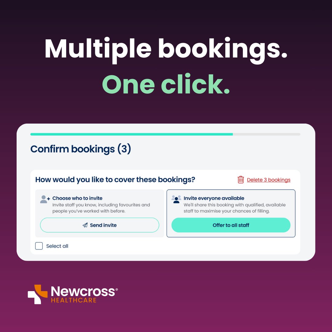 NewcrossHealth's tweet image. Creating shifts one by one? There's a better way.

Block bookings in HealthForce Connect let you set up multiple shifts at once, then fill exactly them how you choose. 

Streamlined workflows that give you time back for care.

#HealthcareStaffing #ContinuityOfCare #CareHomes