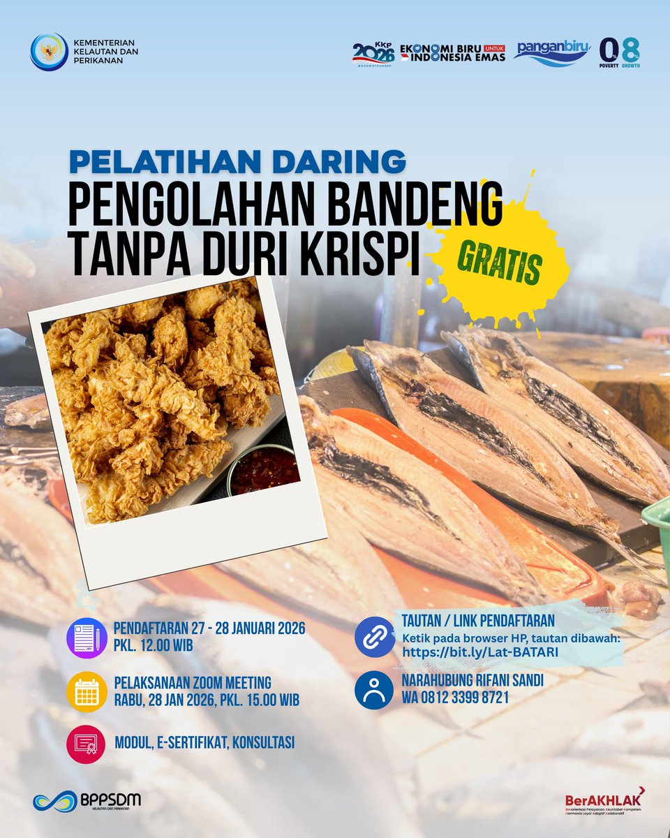 bpmkp_bwi's tweet photo. Halo #DulurMina
Suka makan ikan bandeng tapi sebel karena banyak durinya?

Mau belajar bikin olahan bandeng krispi ala profesional? 

Yuk, ikutan Pelatihan Pengolahan Bandeng Tanpa Duri Krispi 🐟✨ dari Balai Pelatihan dan Penyuluhan Perikanan Banyuwangi

🗓 Pelaksanaan: Rabu, 28 Jan 2026

🕒 Jam: 15.00 WIB via Zoom

✅ Pendaftaran Terakhir: 28 Januari 2026, jam 12.00 siang!

Klik Link Pendaftaran:
🔗 https://t.co/LkrHBOIRrW

Fasilitas: Modul, Sertifikat, & Konsultasi.

Info: 081233998721 (Rifani Sandi).
Ayo daftar sekarang sebelum link ditutup! 🏃‍♂️💨