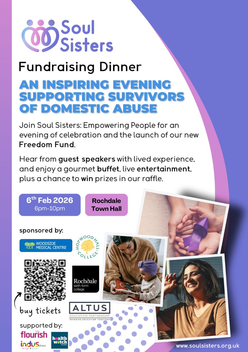 AltusEducation's tweet photo. We are proud to sponsor @SoulSisters_EP - a Rochdale-based charity supporting women affected by domestic abuse, who have an event at Rochdale Town Hall, on Friday 6 February. 

Tickets available here: https://t.co/eh54oBar4r

Support a local organisation doing important work. https://t.co/7kp07UjQtP