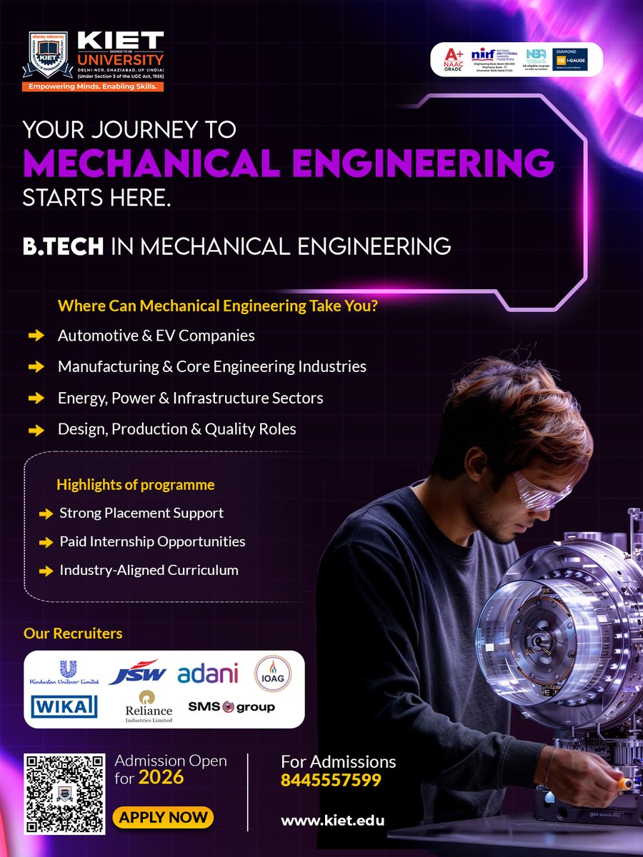 Kiet_edu's tweet image. Mechanical Engineering = careers that power the world ⚙️
At KIET Deemed to be University: industry-aligned learning, strong placements, real opportunities. Admissions Open 2026.

#KIETDeemedToBeUniversity #MechanicalAtKIET #EngineeringCareers #AdmissionsOpen #FutureReady