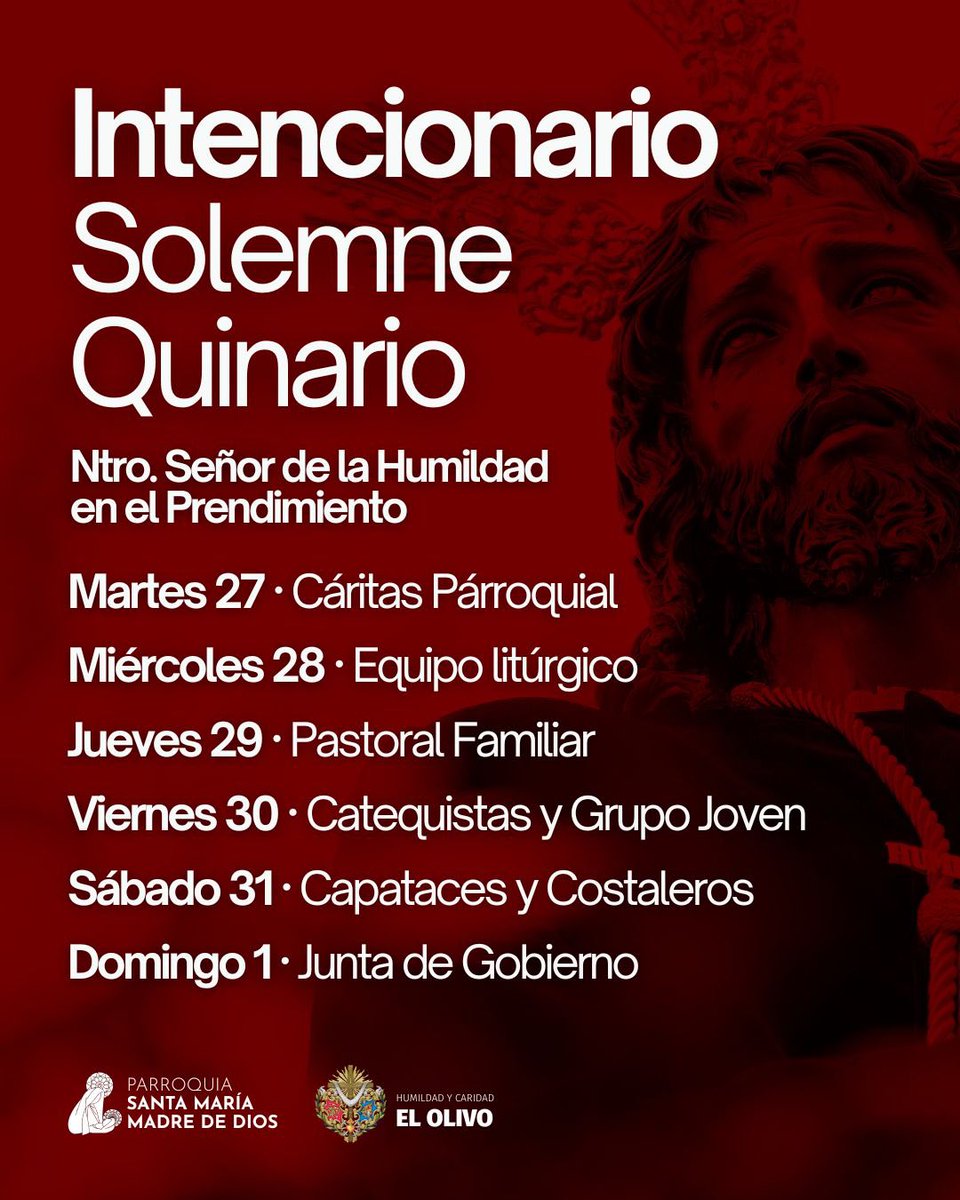 🌿 Solemne Quinario de Nuestro Señor de la Humildad en el Prendimiento

➡️ Como cada año, durante cada día del Solemne Quinario de Nuestro Señor de la Humildad, una de las jornadas estará organizada por miembros de nuestra comunidad parroquial, junto a nuestra corporación.