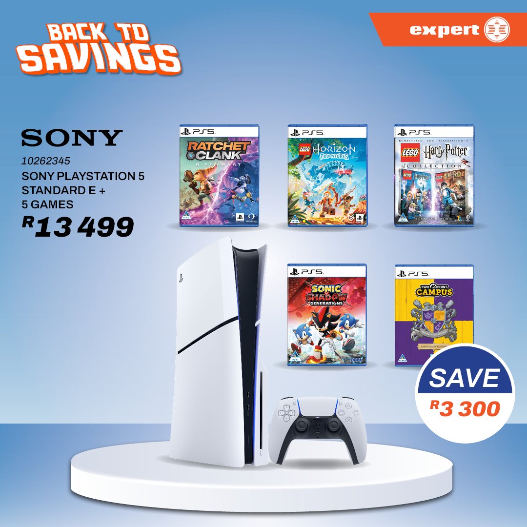 expertstores_sa's tweet photo. Game ON 😍🎮
Grab the PlayStation 5 Standard Edition + 5 Games and save R3 300!
Now only R13 499 🔥
Shop online or at your nearest Expert store.
👉 https://t.co/v7ed6LzgZm
#ExpertSA #BackToSavings #PS5 https://t.co/fKpgtsb5FR
