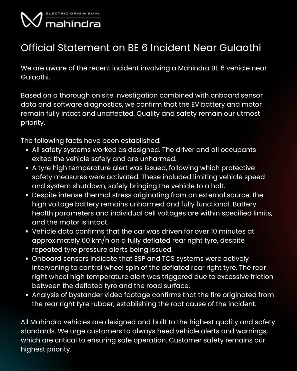 mahindraesuvs's tweet image. 🔈Here is our Official Statement on the BE 6 Incident Near Gulaothi.
