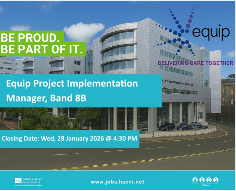 BHSCTjobs's tweet photo. 📣 We’re recruiting a Band 8B Equip Project Implementation Manager to support delivery of a new digital system within BHSCT. Work with senior leaders and programme teams to drive meaningful service improvement
📅 Closes Tue 3 Feb 2026, 4:30pm
👉 Apply now: https://t.co/oqTfHbfvYi https://t.co/85T4WFfoGk