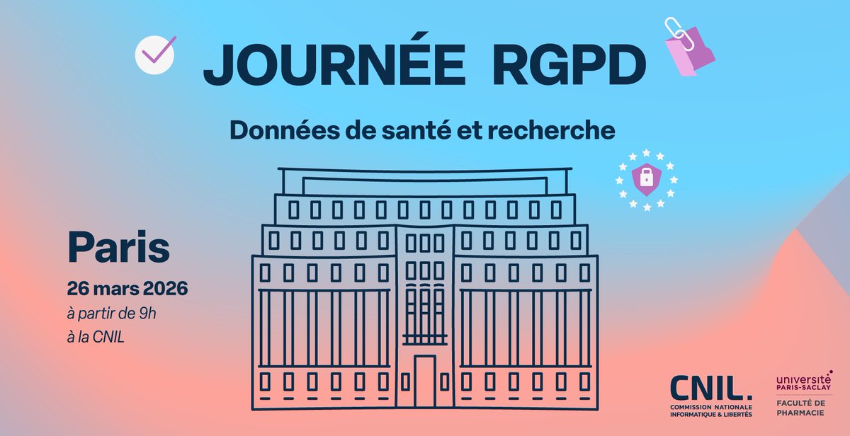 CNIL's tweet photo. 📢 À vos agendas : participez à une nouvelle Journée RGPD le jeudi 26 mars à la CNIL !
La CNIL et le DU Pharma Data Protection de l’@UnivParisSaclay vous accueillent à la CNIL pour parler données de santé et recherche.
📅 Inscriptions et programme à venir, restez connectés ! https://t.co/sMju92SpH6