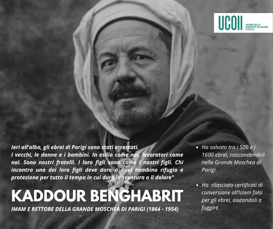 UCOII's tweet image. Mai più!

In un tempo in cui l’odio torna a farsi sentire, ricordiamo chi ha scelto il coraggio. Musulmani come l’Imam di Parigi - Si Kaddour Benghabrit - salvarono vite mettendo a rischio la propria e proteggendo gli ebrei perseguitati

#GiornataDellaMemoria #ControLodio #MaiPiù