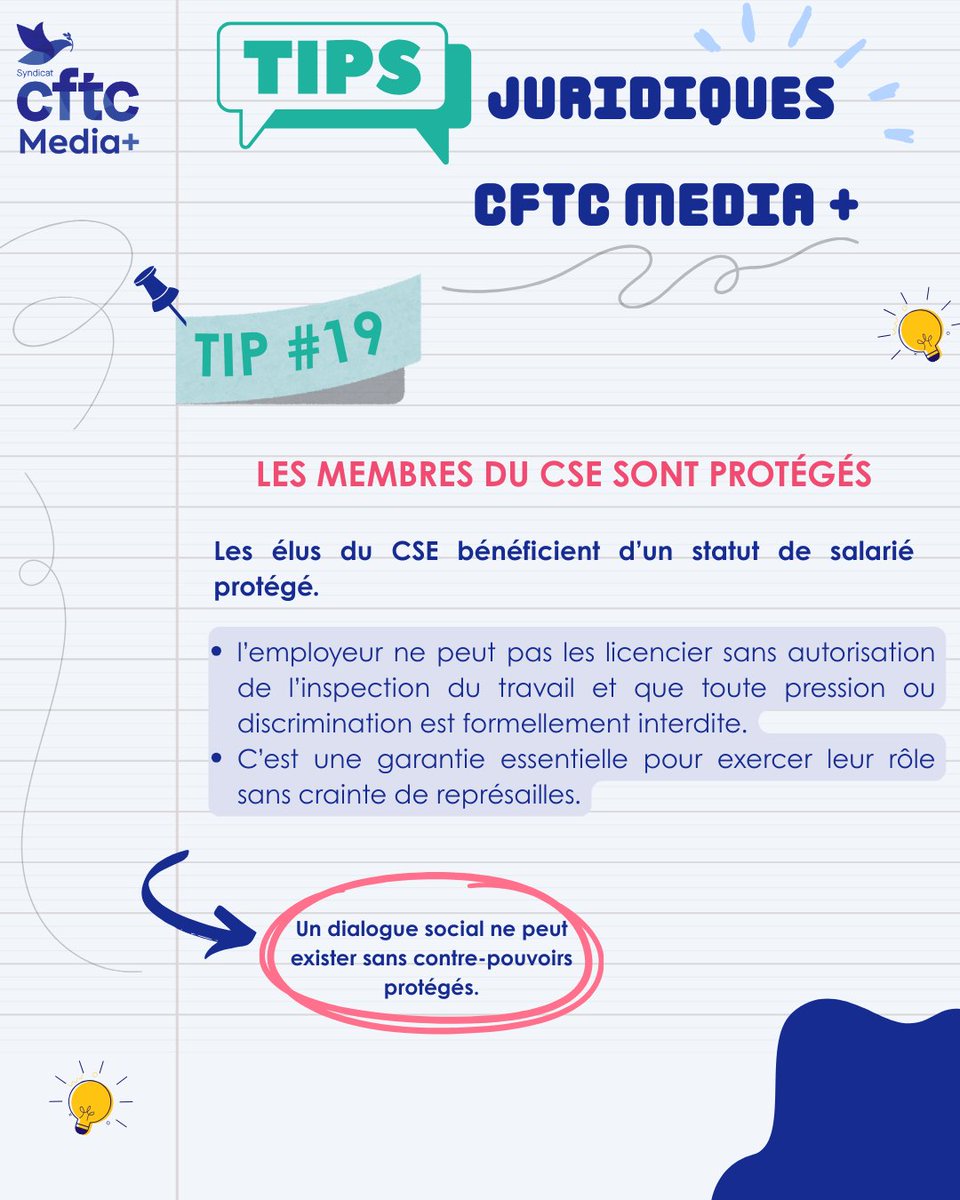 CftcMediaplus's tweet photo. Tip #19
Les élus du CSE sont des salariés protégés. Une garantie essentielle pour exercer sans pression.
#SalariéProtégé #CSE #DroitSocial #Entreprise https://t.co/uxZitBsrDk