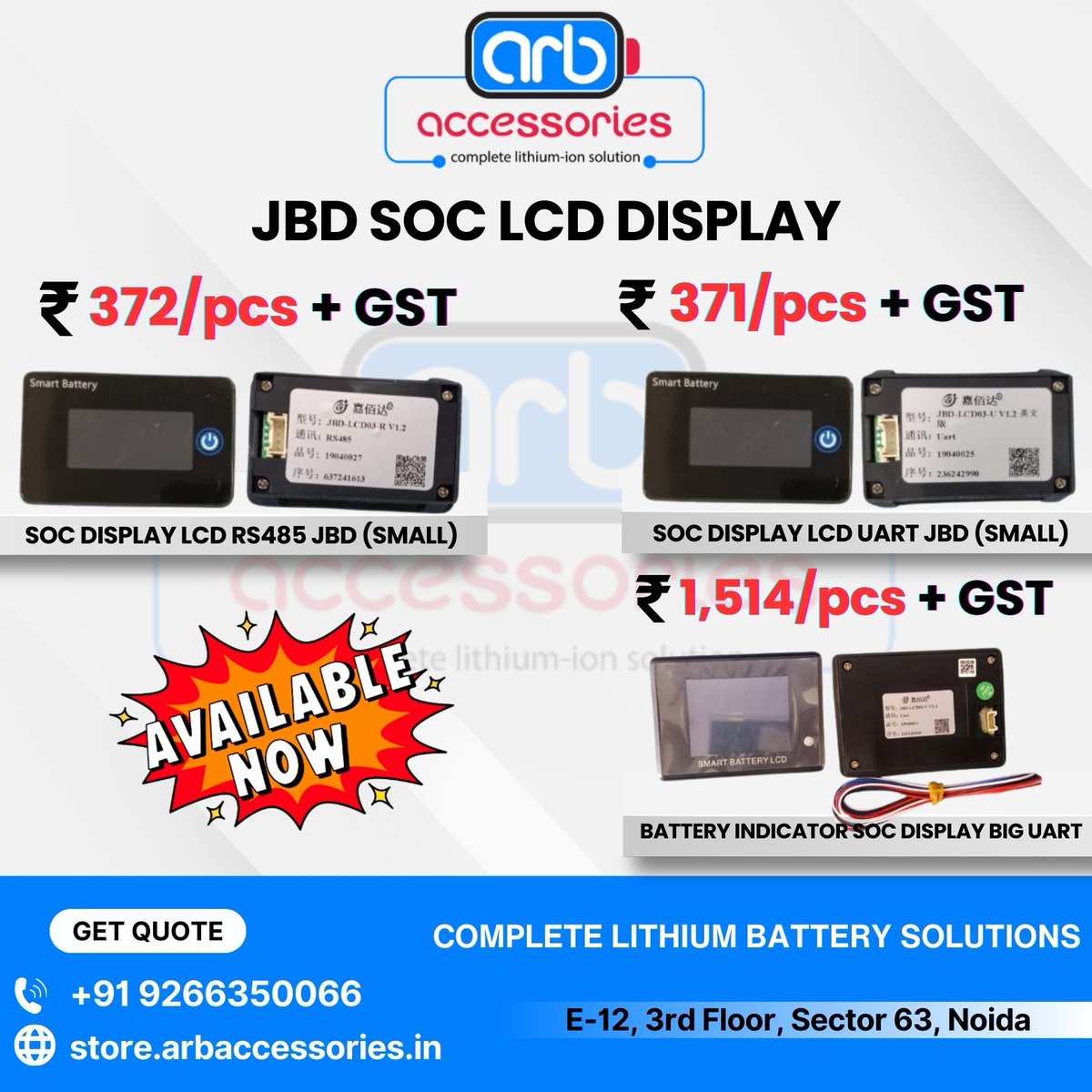 arb_ltd's tweet image. 🔋 Battery Indicators &amp;amp; SOC Displays – Accurate Power Monitoring Solutions ⚡

🔹 JBD SOC LCD Displays
• SOC Display LCD RS485 (Small)
• SOC Display LCD UART (Small)

🛒 Buy Now:
store.arbaccessories.in/category/batte…

#Arbaccessorie #BatteryIndicator #SOCDisplay #JBDDisplay