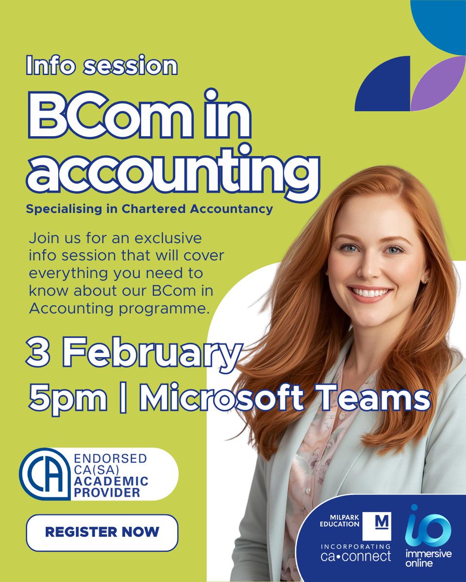 Don’t miss our BCom in Accounting info session happening on 3 February at 5pm.

🔗 Register here: pulse.ly/px6szqmifv

#MilparkEducation #SchoolOfProfessionalAccounting #Infosession #Webinar #BComaccounting
