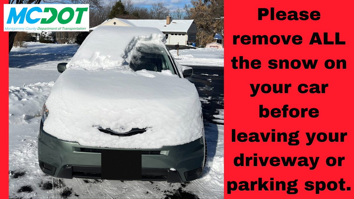 For your safety and the safety of others, please clean off ALL the snow❄️&amp; ice🧊before you begin your trip. Windows, lights, roof, hood and trunk🚘should be clear, to prevent reduced visibility! #mdroads #mdtraffic #mdcommuters <a href="/MontgomeryCoMD/">Montgomery County MD Government</a> <a href="/mcpnews/">Montgomery County Department of Police</a> <a href="/MarylandDOT/">Maryland Department of Transportation</a> <a href="/mcfrsPIO/">Pete Piringer</a>