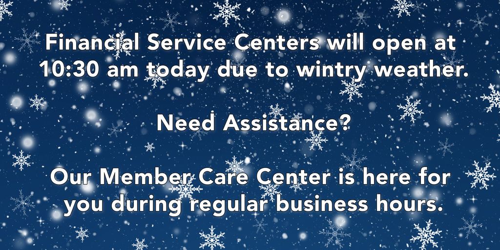 All FedChoice Financial Service Centers will open at 10:30am Tuesday, January 27th, 2026 due to the wintry weather.

Need assistance? You can reach us via secure message in eBanking or by contacting our Member Care Center during regular business hours. buff.ly/Radhmwh