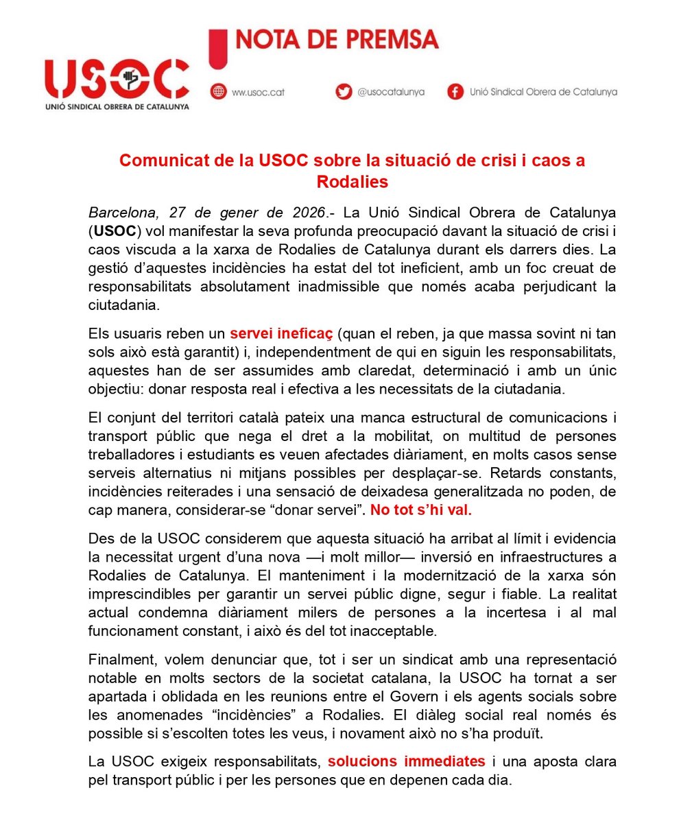 📄 COMUNICAT OFICIAL

⏭️ Expressem la profunda preocupació davant la situació de crisi i caos viscuda a la xarxa de Rodalies de Catalunya.

🛑 El conjunt del territori català pateix una manca estructural de comunicacions i transport públic, en molts casos sense servei alternatiu.