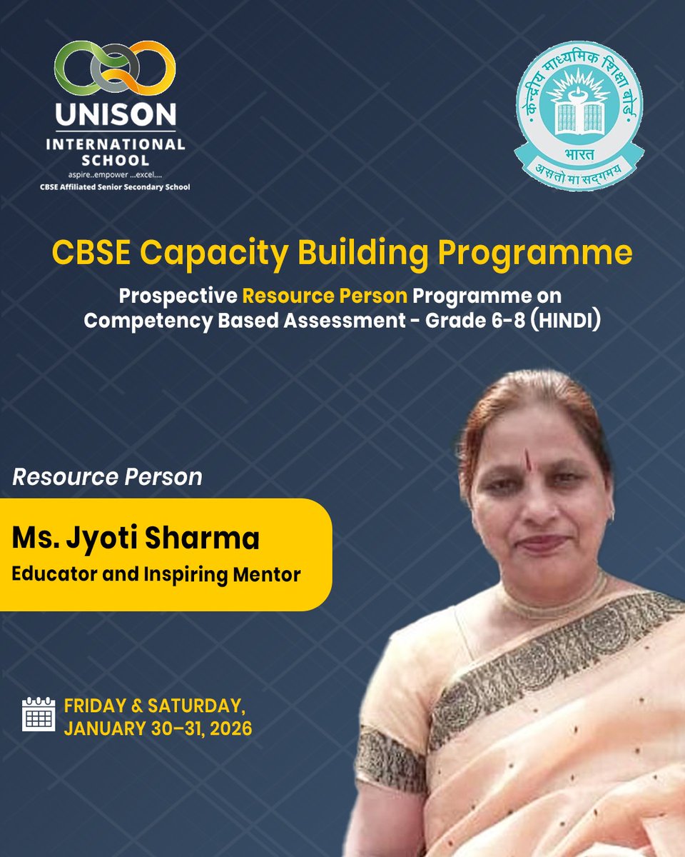 UnisonIntSchool's tweet photo. ✨ Empowering educators for future-ready classrooms ✨
UIS hosts a CBSE PRP on Competency-Based Assessment in Hindi (Grades 6–8)

🗓️ Jan 30–31, 2026 
📍Unison International School

#UnisonInternationalSchool #CBSE #CompetencyBasedLearning #Pinjore https://t.co/2Hqgl2pqJA