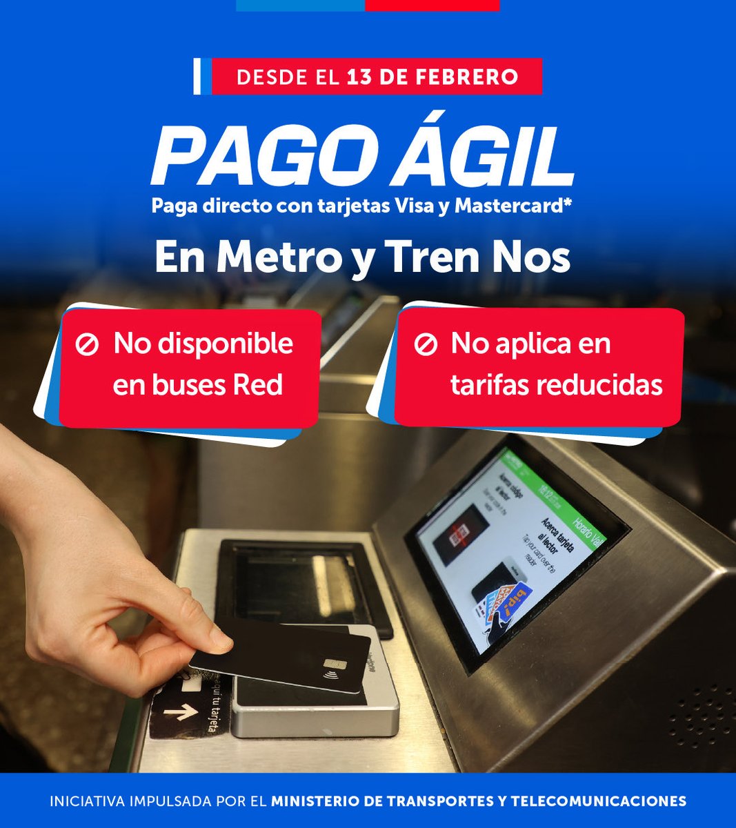 Muy pronto el transporte público de Santiago será más ágil y aún más moderno 🚇🚆

Desde el 13 de febrero podrás pagar tu pasaje en <a href="/metrodesantiago/">Metro de Santiago</a> y <a href="/EFENos_/">Tren Nos - Estación Central</a> con tu tarjeta bancaria, ya sea física o digital, pero siempre utilizando el mismo método. 

📲 pagoagil.cl