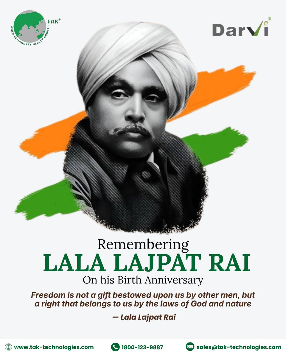 TAK_Tech_PvtLtd's tweet photo. Honouring Lala Lajpat Rai on his birth anniversary.
A fearless leader whose courage, self-reliance, and commitment to the nation continue to inspire generations.
His legacy reminds us that integrity and resilience build a stronger India. 
#LalaLajpatRai  #PunjabKesari https://t.co/k53DchFMPJ