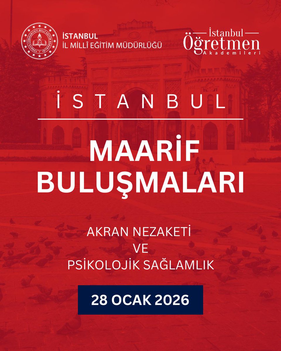 istanbulilmem's tweet photo. ♦️ İletişimin zarafeti, karakterin gücüyle buluşuyor. ✨

İstanbul Öğretmen Akademileri koordinatörlüğünde; akran nezaketini bir yaşam kültürü, psikolojik sağlamlığı ise akademik başarının güçlü zemini kılmak için 28 Ocak 2026 Çarşamba günü eğitim yöneticilerimizle bir araya geliyoruz.

Program, Millî Eğitim Müdürümüz Murat Mücahit Yentür’ün hitaplarıyla başlayıp Prof. Dr. Nevzat Tarhan’ın katkılarıyla devam edecek.

Okullarımızda değer iklimini birlikte güçlendirmeye odaklanan bu buluşmada eğitim yöneticilerimizle aynı zeminde buluşuyoruz.

@tcmeb @Yusuf__Tekin @MucahitYentur