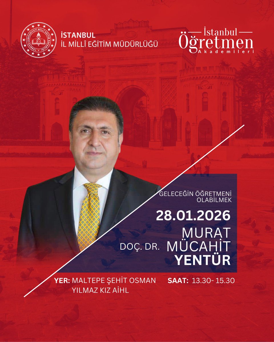 istanbulilmem's tweet photo. ♦️ İletişimin zarafeti, karakterin gücüyle buluşuyor. ✨

İstanbul Öğretmen Akademileri koordinatörlüğünde; akran nezaketini bir yaşam kültürü, psikolojik sağlamlığı ise akademik başarının güçlü zemini kılmak için 28 Ocak 2026 Çarşamba günü eğitim yöneticilerimizle bir araya geliyoruz.

Program, Millî Eğitim Müdürümüz Murat Mücahit Yentür’ün hitaplarıyla başlayıp Prof. Dr. Nevzat Tarhan’ın katkılarıyla devam edecek.

Okullarımızda değer iklimini birlikte güçlendirmeye odaklanan bu buluşmada eğitim yöneticilerimizle aynı zeminde buluşuyoruz.

@tcmeb @Yusuf__Tekin @MucahitYentur