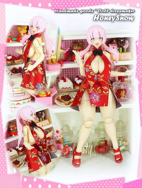 👗1/12DOLL【ぽっちゃりチャイナ】❤️レッド＆ブラック🖤P&P