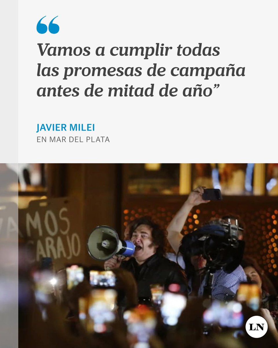 LANACION's tweet image. Javier Milei llegó el lunes a Mar del Plata como parte de su "Tour de la gratitud". Por la noche, ante cientos de seguidores en el paseo comercial de calle Güemes, el Presidente vociferó: “Vamos a cumplir todas las promesas de campaña antes de mitad de año”.