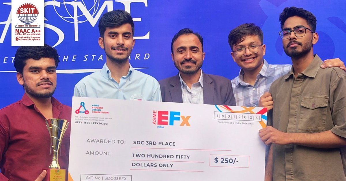ASME EFx India 2026 | Student Design Competition 🏆
We are proud to announce that Team ZYRO, representing ASME Student Section SKIT, secured 🥉 3rd Place at the ASME Student Design Competition (SDC) held during ASME EFx India 2026 at The LNM Institute of Information Technology