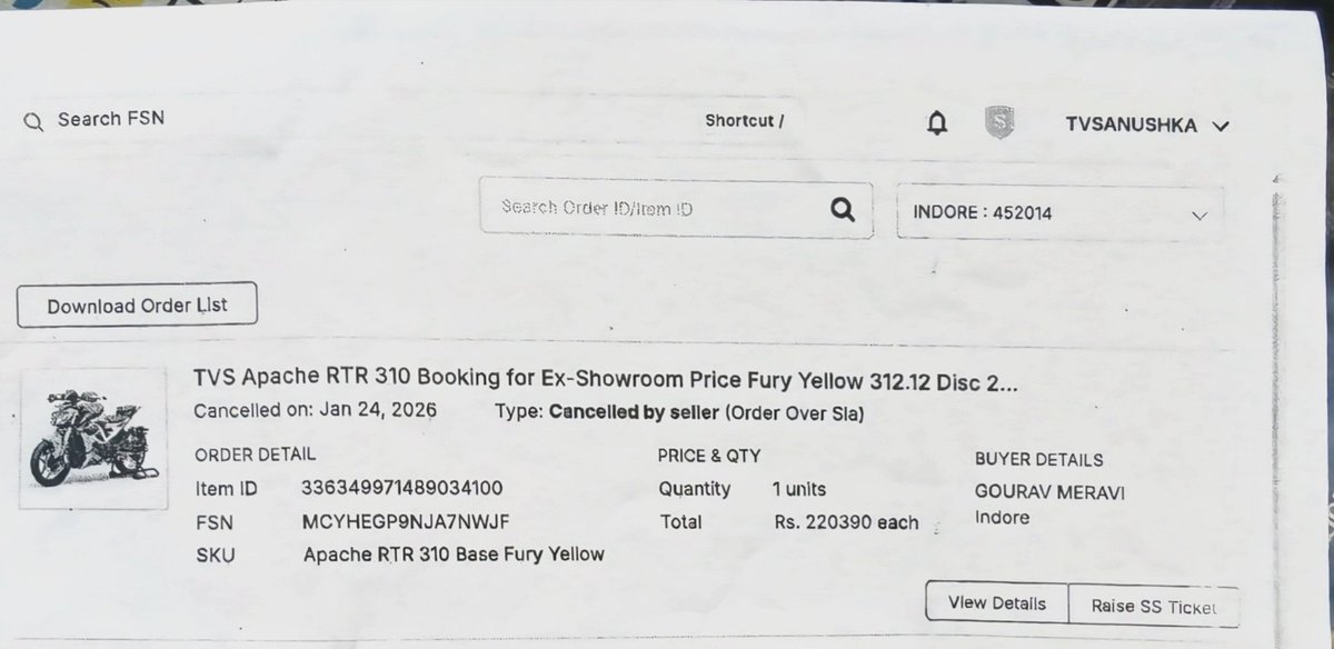 GouravMeravi's tweet photo. @TVSMotorCompany @Flipkart Cancellations without consent to force price hikes is unacceptable. Booked Apache RTR 310 on Dec 25 at Anushka TVS Indore. Dealer kept delaying, then cancelled. I demand the bike at the original booked price. #TVSApache #Indore #ConsumerComplaint https://t.co/KM5QcFL4L1