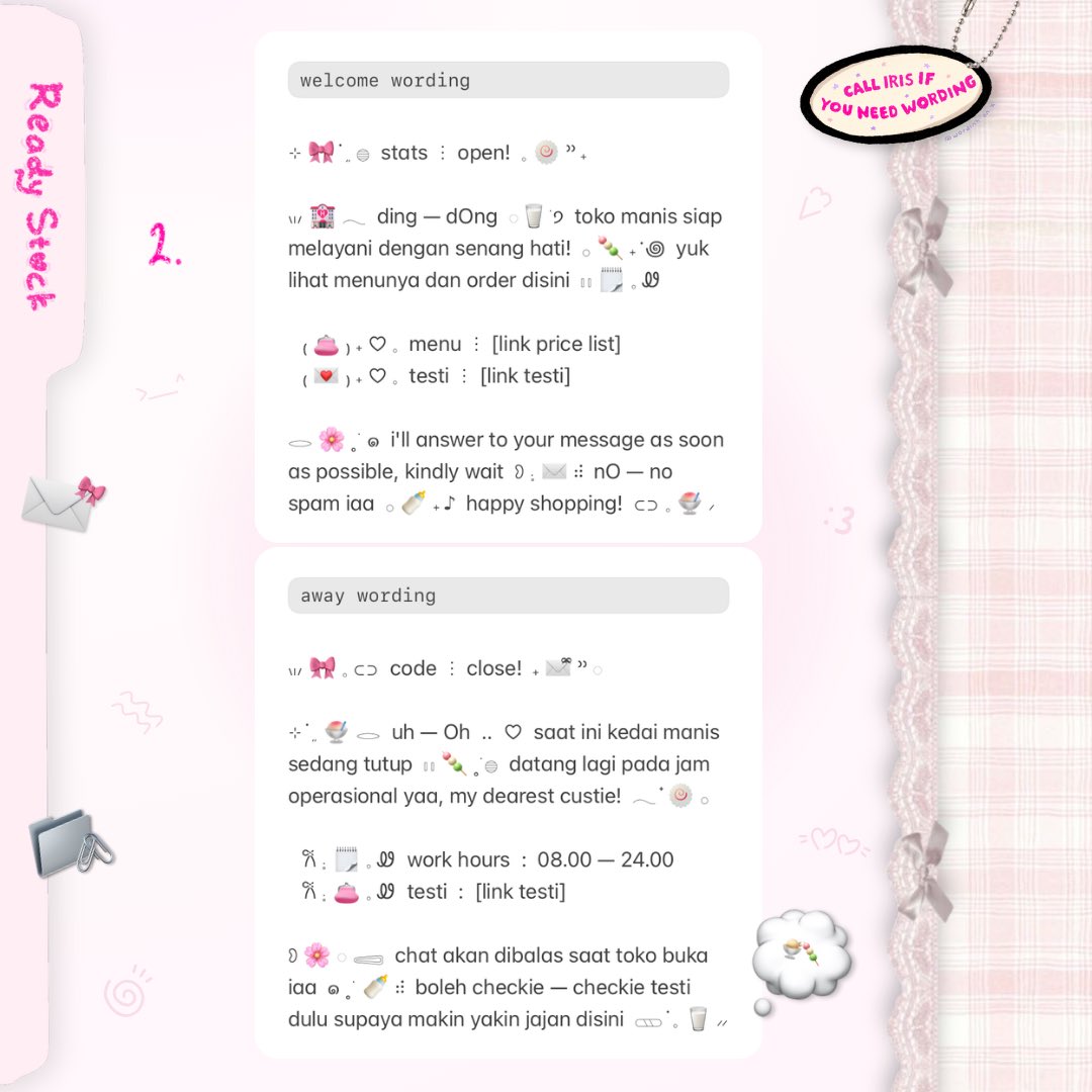 wordinh's tweet image. ⠀
🗒️  ..  kindly tap—tap repost, thx!  &amp;lt;3

ding — dOng!  ♡%  now in stock  ..  [ BUNDLE WELCOME + CLOSE WORDING ]  🎀  adopt now, only 10.500 / each  🍧  scroll for more iaa  ..  🥛🌸

tags.  #zonaba #zonauang rs ready stock greeting away wabis auto message pesan otomatis