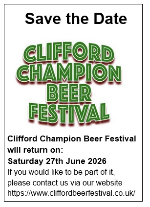 Plans for this year's festival are well underway - we do hope you'll join us on 27th June for this great community event which raises funds for Clifford Village  Hall &amp; Clifford Football Club.
"It's more than just a Beer Festival"
Details: cliffordbeerfestival.co.uk
