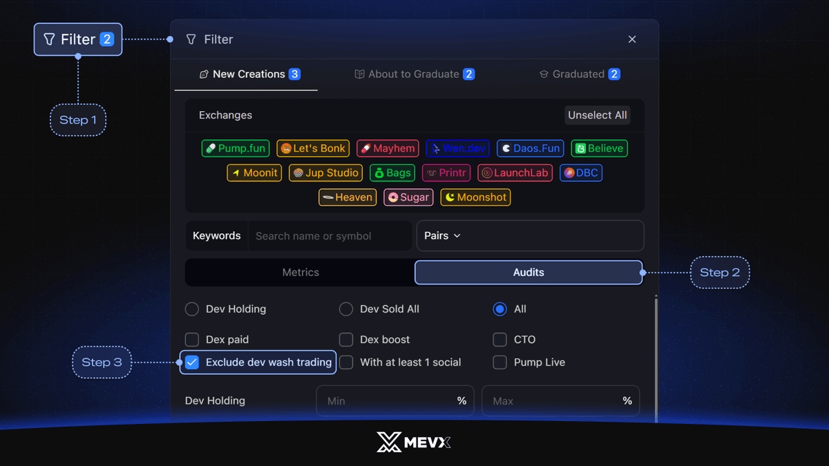 Fresh updates live on MevX!

1. [MemeZone] New filter added:

MemeZone -> Filter -> Exclude Dev Wash Trading

Instantly hide coins with fake dev wash trades.

Cleaner dashboard, real signals only - degen harder without getting rekt by fake hype.