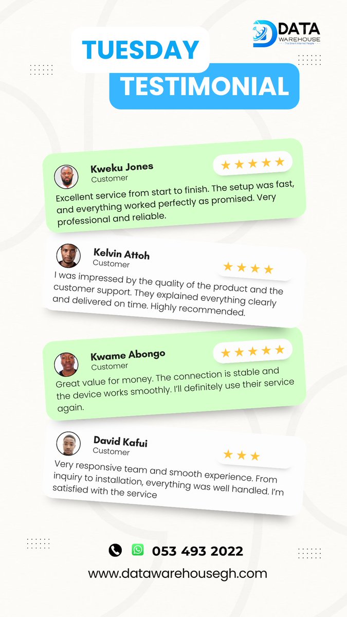 Datawarehousegh's tweet image. #TuesdayTestimonial #Datawarehousegh