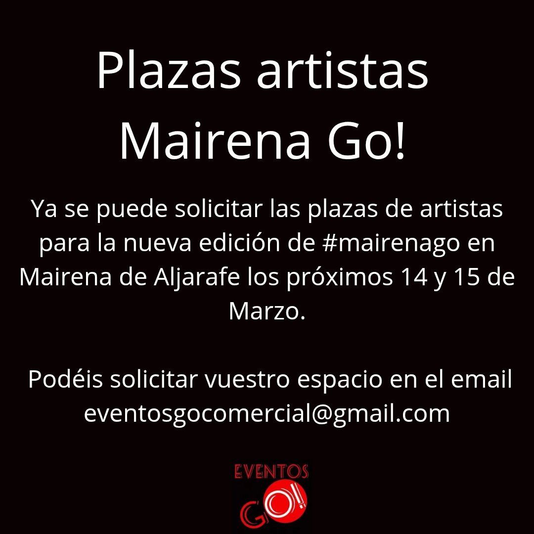 Ya se pueden reservar sitio de artistas para la próxima edición de #mairenago de los días 14 y 15 de Marzo en el email eventosgocomercial@gmail.com