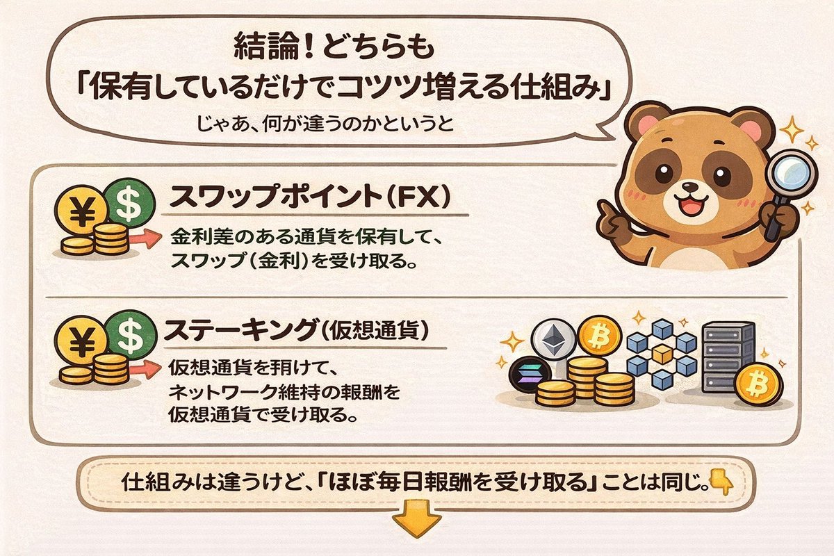 最強のインカムゲイン？！】 スワップ（FX）とステーキング（仮想通貨） を比べてみたんだなも！ 結論、 ○スワップポイント（FX） →スワップ（金利）を現金で受け取る  ○ステーキング（仮想通貨） →ネットワーク維持の報酬を仮想通貨で受け取る どちらも「ほぼ毎日報酬 ...