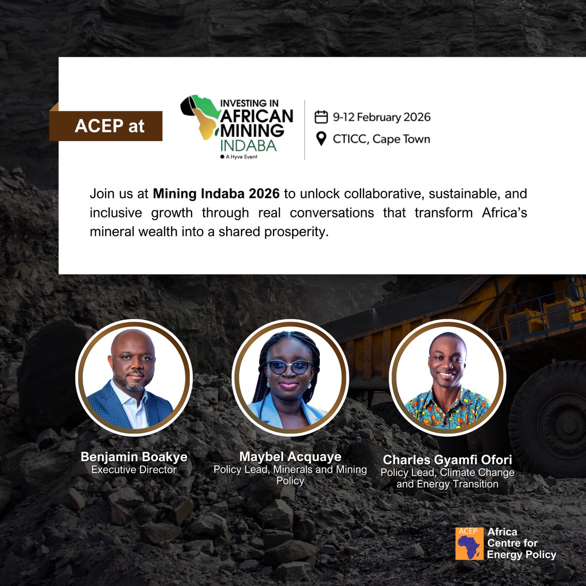 AcepPower's tweet photo. Are you going for @MiningIndaba 2026? Join the ACEP Team in insightful dialogues to unlock collaborative, sustainable and inclusive growth.
#MiningIndaba
#ACEP https://t.co/SEfoFZtDA8