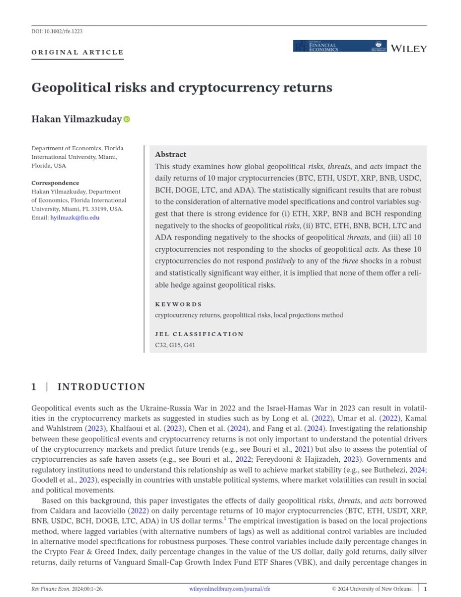 This study of 10 major cryptocurrencies finds that since many respond  negatively to geopolitical risks and threats, none of them offer a reliable  hedge against geopolitical instability. https://t.co/7dA4ZvBMc7