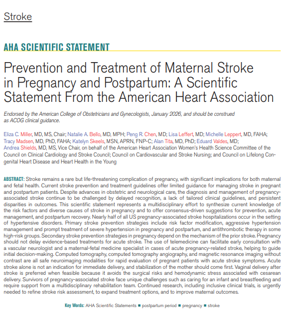 Stroke accounts for 4-6% of maternal deaths in the U.S. and remains a rare but life-threatening complication of pregnancy, with significant implications for both maternal and fetal health.

This scientific statement addresses key information related to maternal stroke in
