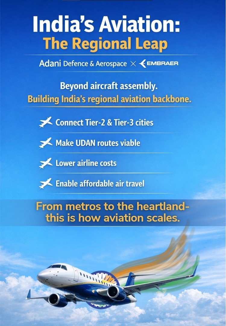 Rajeshm19791's tweet photo. #AdaniEmbraer

Regional aircraft are the missing link in India’s air connectivity.
Adani–Embraer’s partnership targets exactly that gap—lower costs, shorter runways, UDAN routes, and a serious push toward India becoming an aviation manufacturing hub, not just a market. 

#Adani #AdaniGroup #MakeInIndia #Embraer #AdaniEmbraer