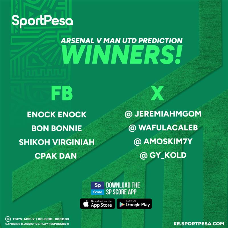 SportPesa's tweet image. Congratulations to our Arsenal vs. Man UTD Prediction giveaway winners 👏

@JeremiahMgom 
@WafulaCaleb 
@Amoskim7y 
@gy_kold 

Visit our offices, The Chancery valley road, 3rd floor, (Wed-Fri)11am-4pm tukujenge  hamper yako🤝