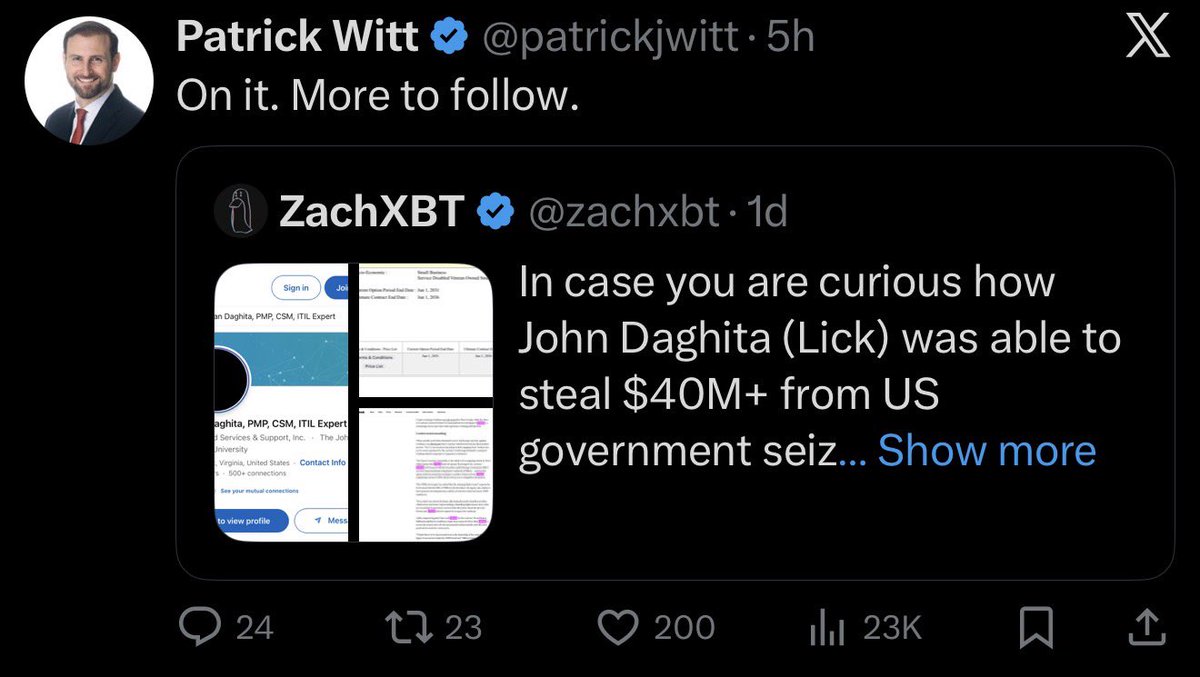 zachxbt's tweet photo. Update: Patrick Witt (Executive Director for the US President’s Council of Advisors for Digital Assets) &amp; USMS have both stated they are looking into the incident. https://t.co/swzg3PsUVD