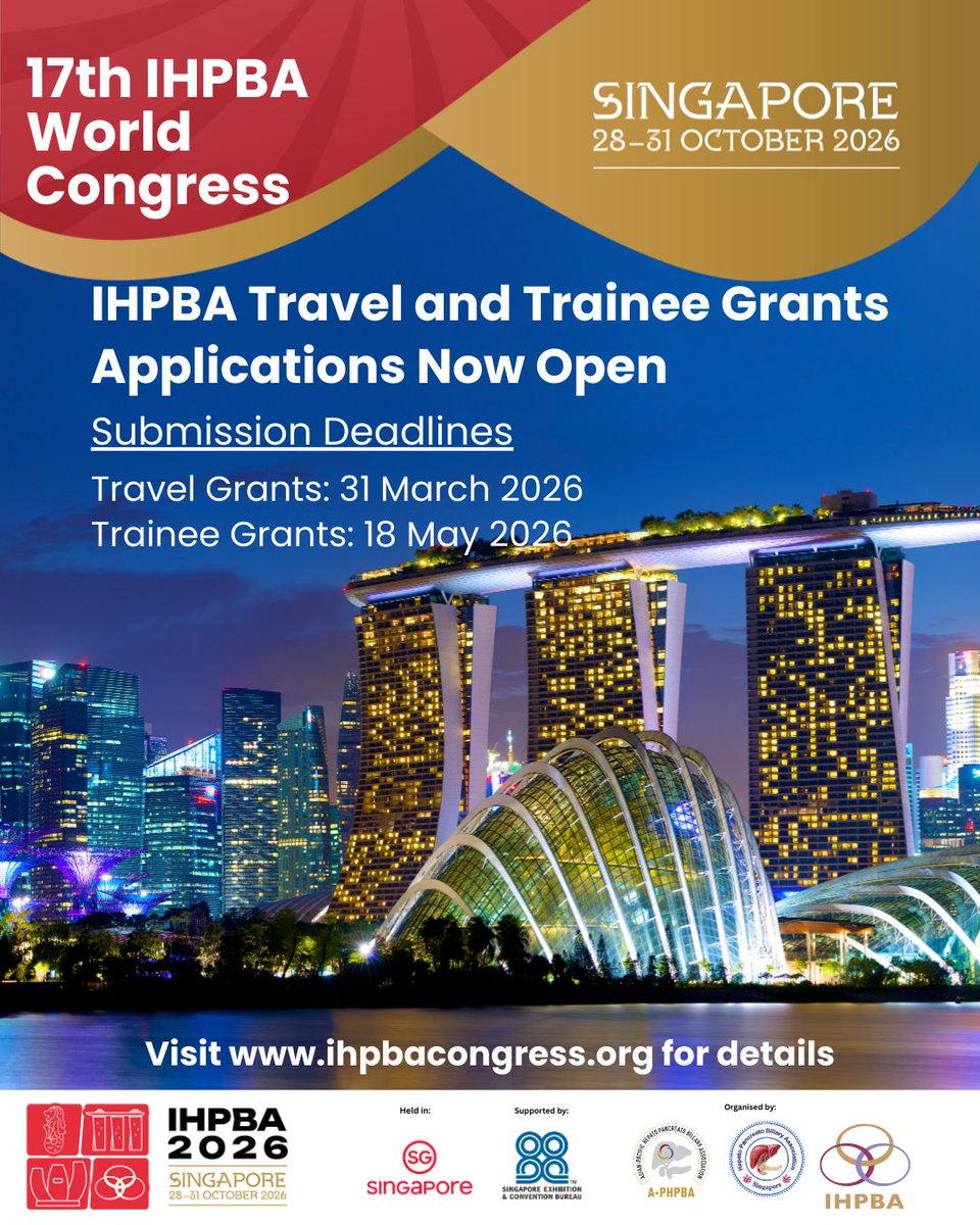 IHPBA's tweet image. 📢IHPBA Travel and Trainee Grant Applications are now open for the 17th IHPBA World Congress in Singapore.

For more information and to apply please visit: 🔗tinyurl.com/4hbvf4hc

Made possible by the IHPBA and the IHPBA Foundation 💫