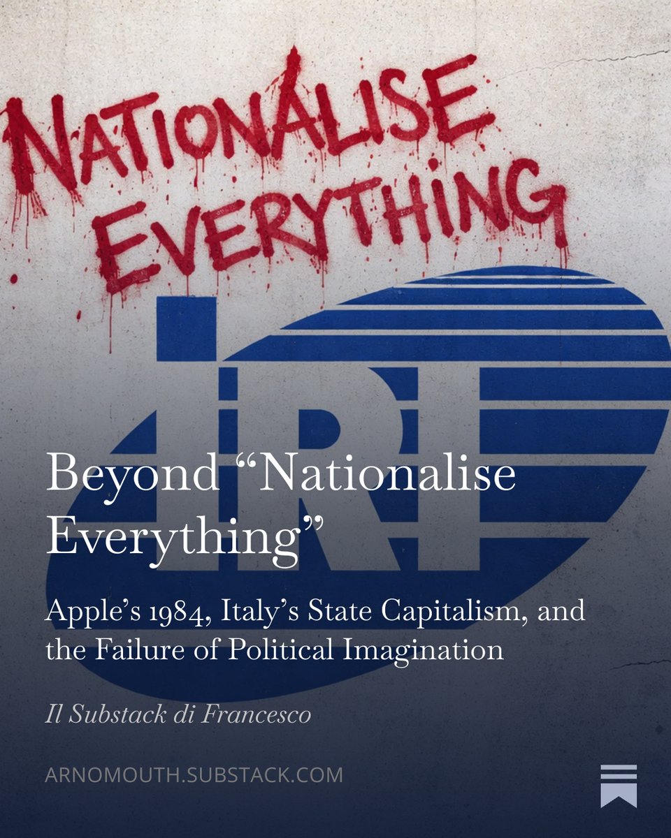 “Nationalise everything” — not like the USSR or China, but like Italy in the 1980s.

#PublicOwnership #Infrastructure #PostNeoliberalism

open.substack.com/pub/arnomouth/…