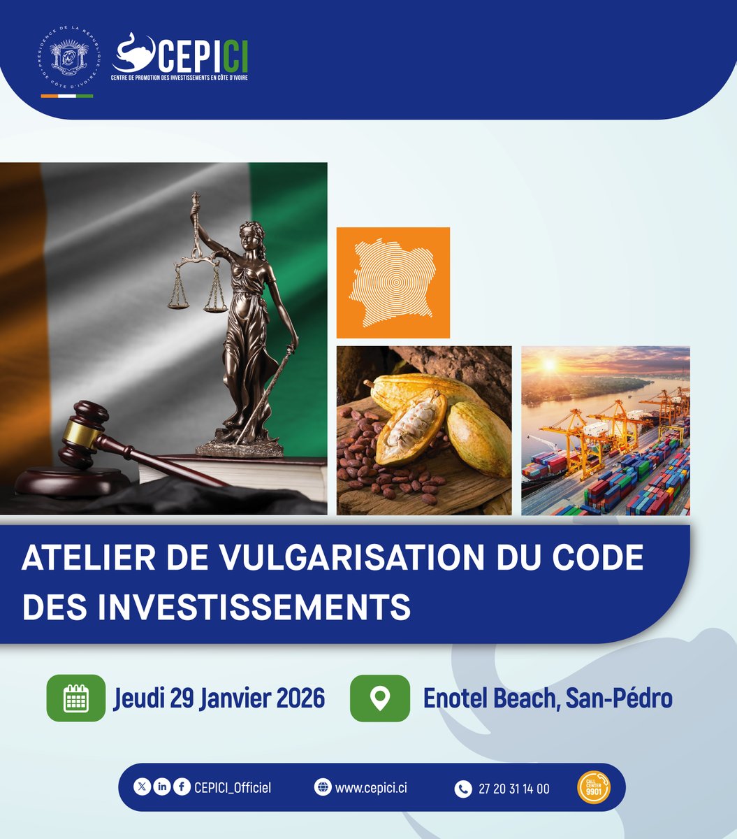 Le Centre de Promotion des Investissements en Côte d’Ivoire (CEPICI), à travers sa Direction de la Facilitation des Investissements (DFI), organise un atelier de vulgarisation du Code des Investissements à l’intention des opérateurs économiques de la ville de San-Pedro.

Cet