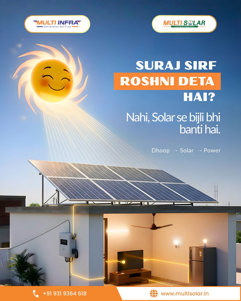 multisolar_in's tweet image. Sunlight is no longer just light
It has become power that runs homes, cuts bills and brings independence

Multi Solar
Power made from daylight

#MultiSolar #SolarForHomes 
#DhoopSeBijli #CleanEnergyIndia #PowerSmart #SolarPanels #RenewableFuture #sustainablelivingtips