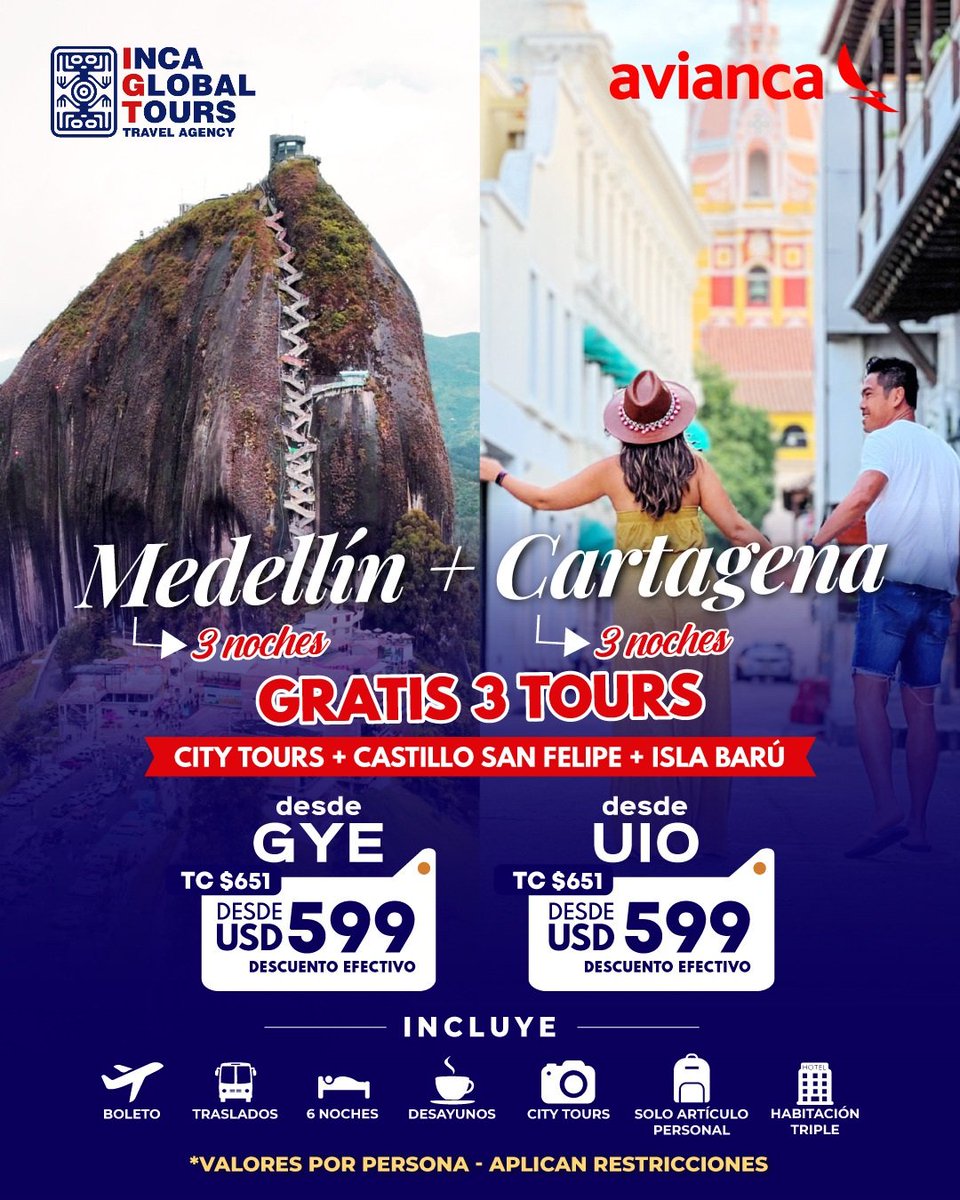 IncaGlobalTours's tweet photo. #Medellín + #Cartagena 😎✈️

#Tourism #Trip #Ecuador https://t.co/IpaJhczOPx