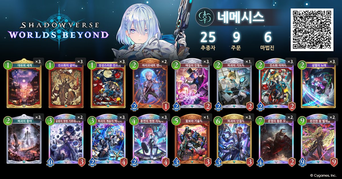 ShadowverseWB
마침 패치돼서 레이팅이 초기화됐길래 파괴 네메시스로 바로 1등 찍먹했습니다.