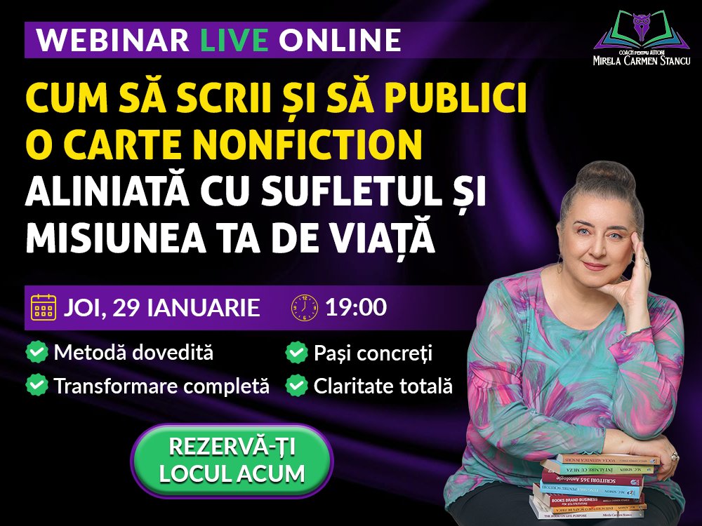 Pe 29 ianuarie 2026, ora 19:00, te invit la webinarul GRATUIT unde vei descoperi exact cum să scrii și să publici o carte nonfiction aliniată cu sufletul și misiunea ta de viață.
Povestea ta merită spusă.
Începe AICI: 👇
mirelacarmenstancu.ro/webinar-29-01-…