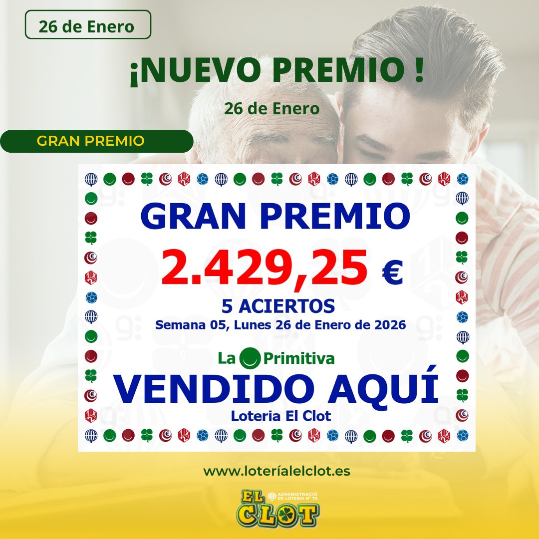 🎉 ¡ENERO SIGUE DÁNDONOS ALEGRÍAS! 🎉
El 26 de enero hemos repartido otro premio de 5 aciertos de La Primitiva…

💥 ¡Nuestro 4.º premio importante en lo que llevamos de mes!  
 
🌐 loteriaelclot.es  
📱 En la app TuLotero nos encuentras como ElClot o 73barcelona
