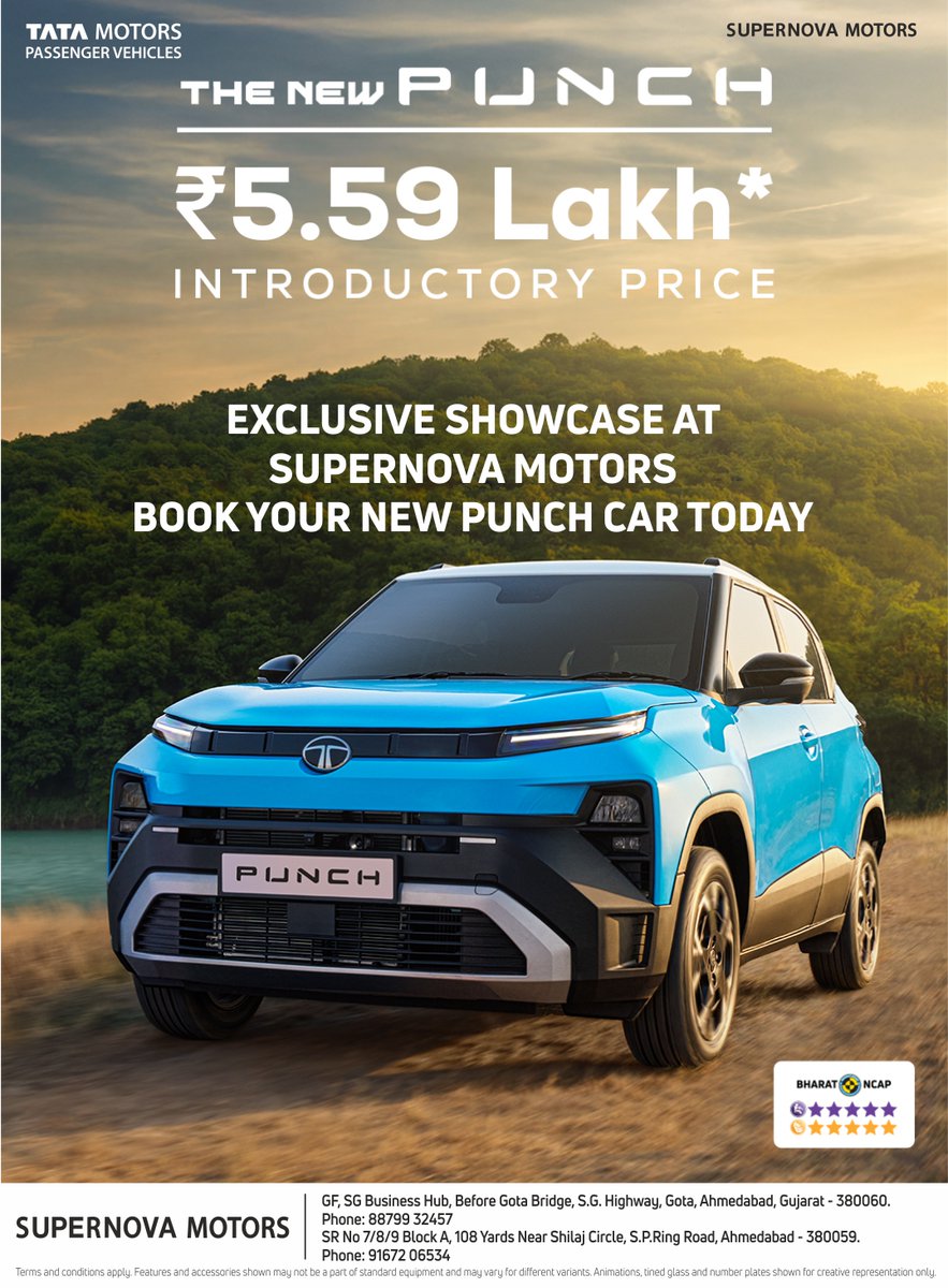SupernovaTata's tweet photo. The new Tata Punch is here with a bold design, commanding presence, and trusted Tata safety — now at an introductory price starting from ₹5.59 Lakh*.

Exclusive showcased at Supernova Motors. Book your new Punch car today.

#SupernovaMotors #TataMotorsMoments #TataPunch https://t.co/ulqVRv37Xn