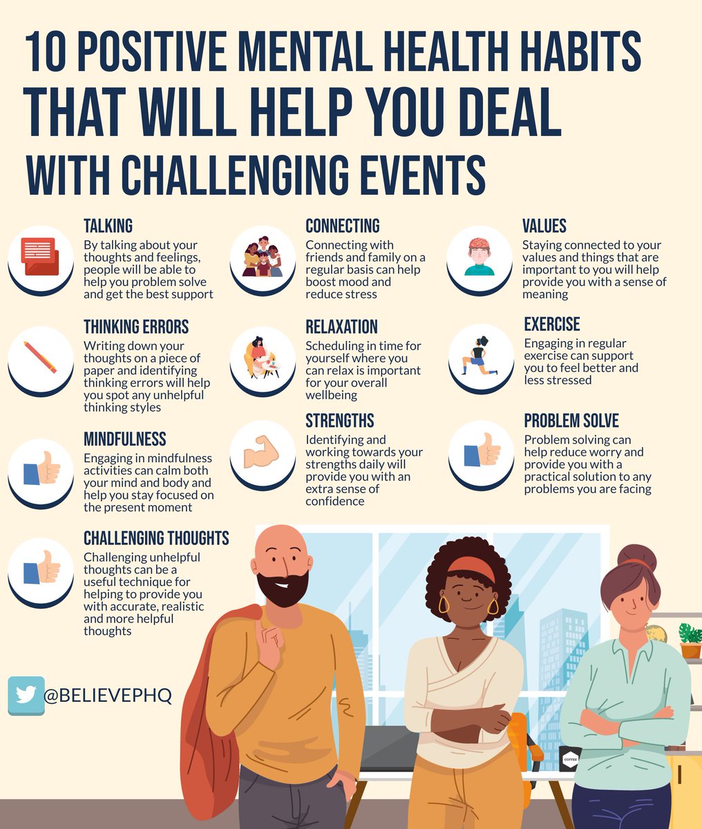 LEAD_Coalition's tweet image. 10 positive mental health habits that will help you deal with challenging events.

(image: @BelievePHQ) #MentalHealth #mindfulness #exercise