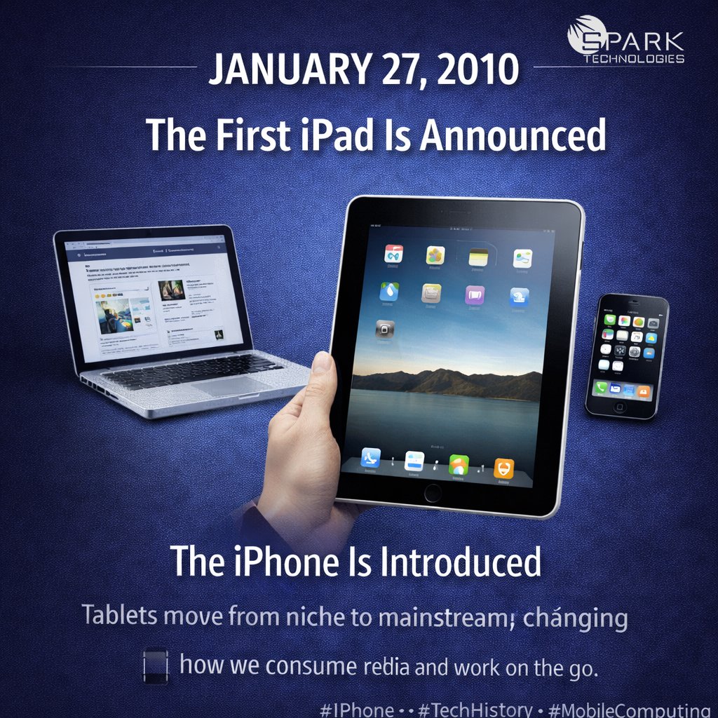 January 27, 2010

The First iPad Is Announced

Tablets move from niche to mainstream, changing how we consume media and work on the go.

📲 The line between laptop and phone officially blurred.

#TechHistory #iPad #MobileComputing #sparktechllc