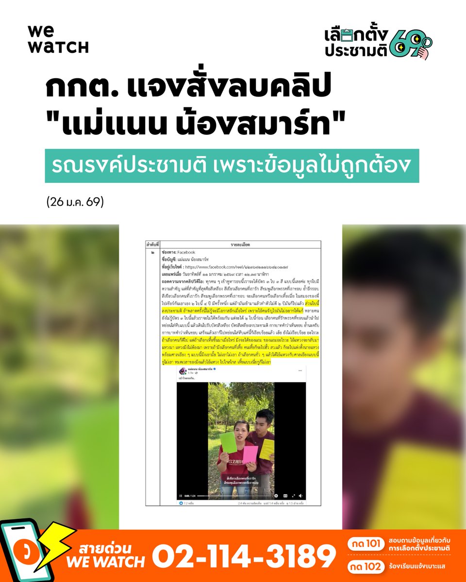 📌กกต. แจงสั่งลบคลิป "แม่แนน น้องสมาร์ท" รณรงค์ประชามติ เพราะข้อมูลไม่ถูกต้อง

(หมายเหตุ-ข้อความในเนื้อข่าวมีการเซนเซอร์เพื่อป้องกันการละเมิดมาตรฐานชุมชนของ facebook)
.
(26 ม.ค. 69) สำนักงานคณะกรรมการการเลือกตั้งเผยแพร่ข่าวเลขที่ 89/2569 วันที่ 26 มกราคม 2569